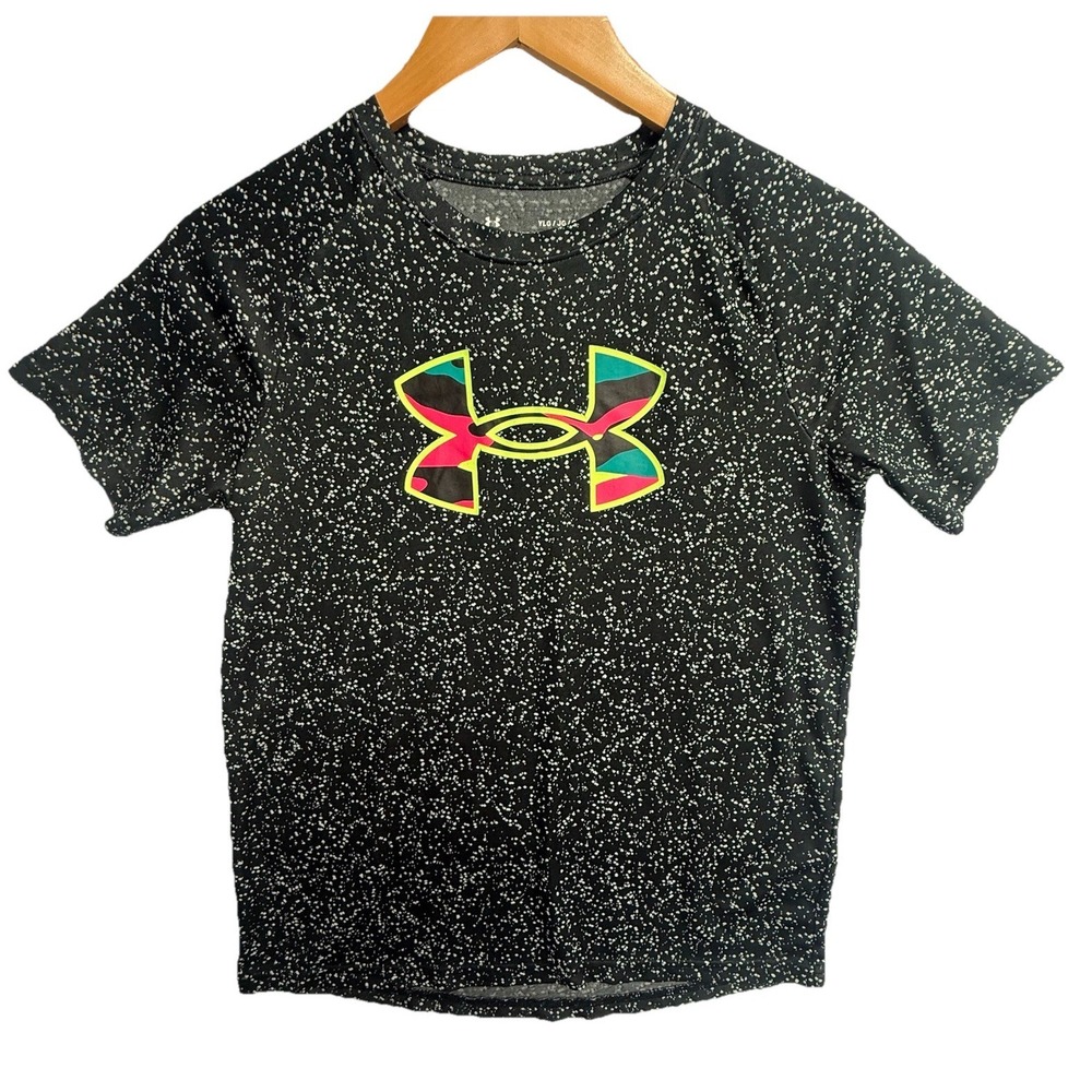 Under Armour Youth Large Black Speckled Logo Tee Athletic Short Sleeve
